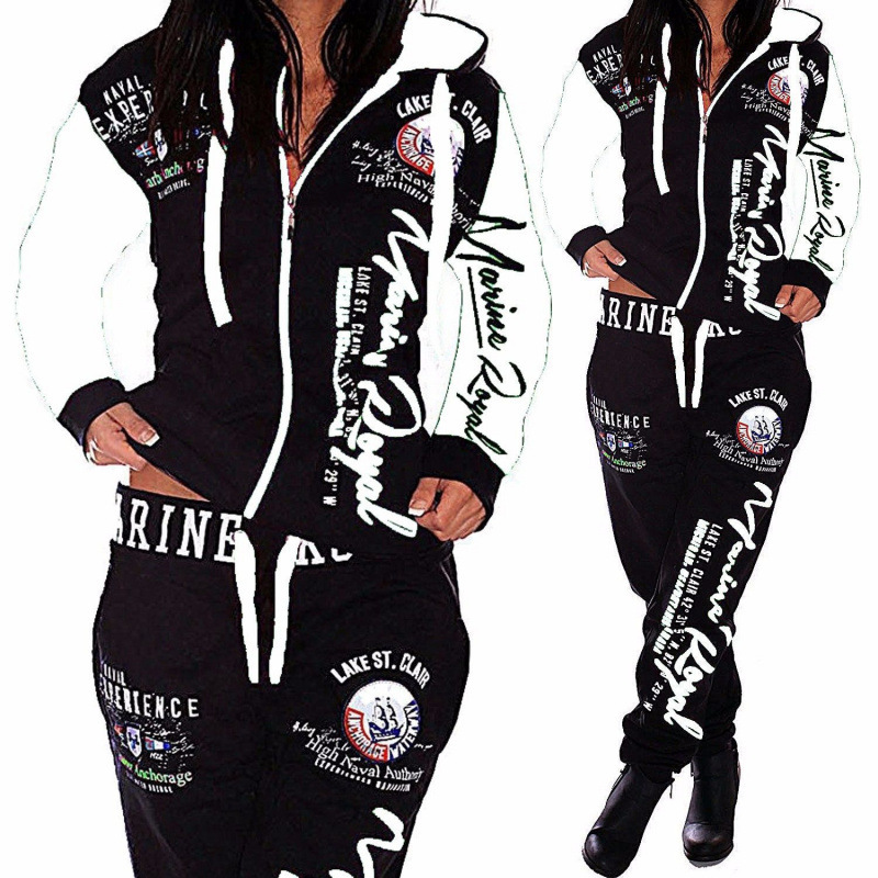 Sports and leisure suit美式印花字体接链长袖连帽长裤女士套装|undefined