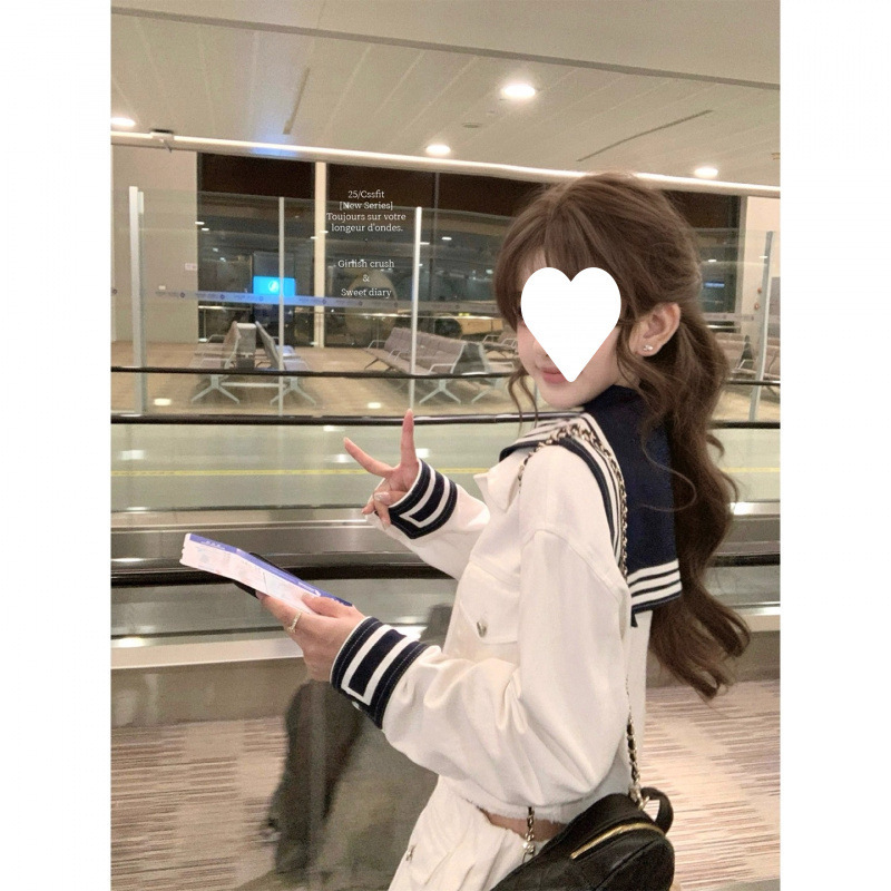 现货迟伞伞/fw 青空航线 miu系两色海军风外套纽扣半裙棉质套装秋|undefined