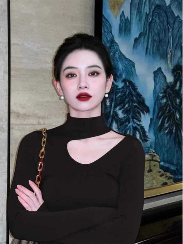 黑色镂空半高领挂脖内搭打底衫女秋冬纯欲修身针织衫锁骨上衣秋季|undefined