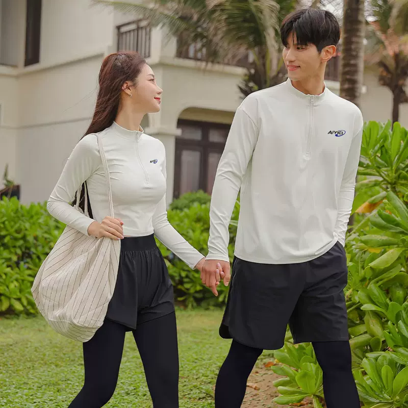 高弹锦纶韩国潜水服女分体防晒显瘦速干情侣浮潜冲浪衣长袖泳衣