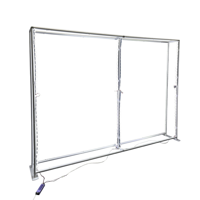 Espectáculo de pantalla rápida, caja de luz, estante de exhibición de red de tracción, diseño de exhibición de pared de fondo luminoso plegable LED de doble cara, construcción de exhibición