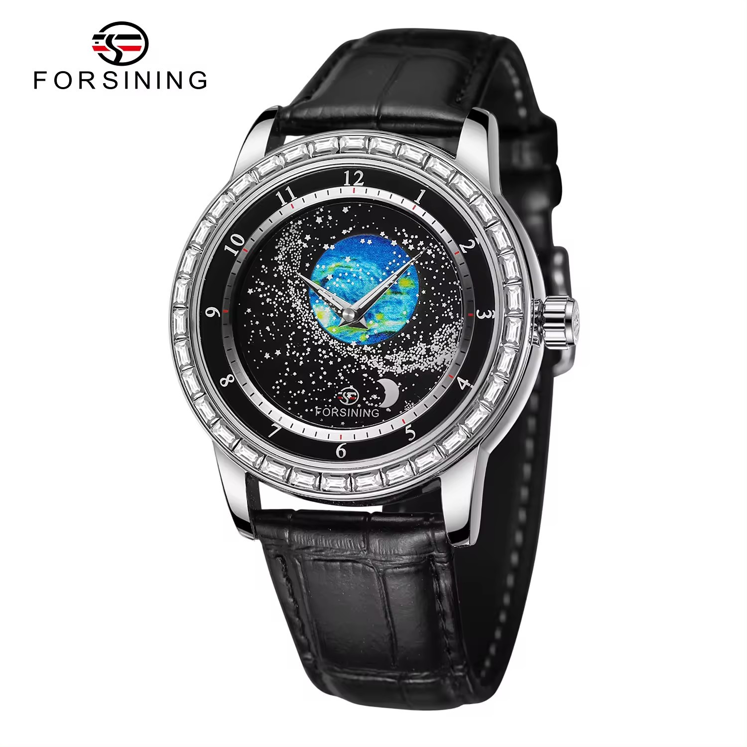 Forsining nuevo estilo europeo y americano hombre moda ocio rotación luz nocturna estrella reloj mecánico estrella