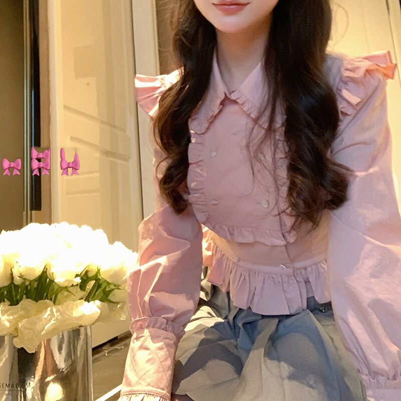 Spring New Product "Lychee Rose" Sweet and Gentle Style Small Lapel Ruffled Shirt for Women