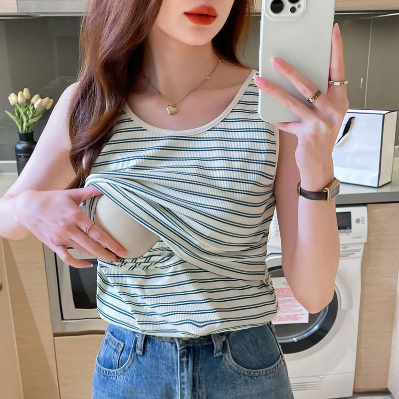 Nursing Tank Top Trendy Mom Outing Pure Cotton T-Shirt Summer Postpartum Versatile Striped Skin-Friendly Sleeveless Maternity Top