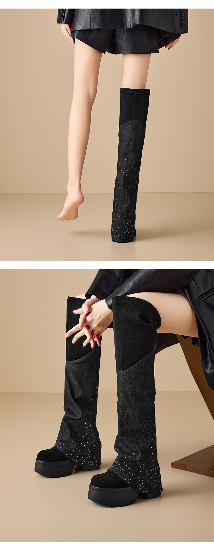 Boot nữ cổ cao ôm bắp chân gót dày mũi tròn đính đá denim đa năng — nhung đen chi tiết 2