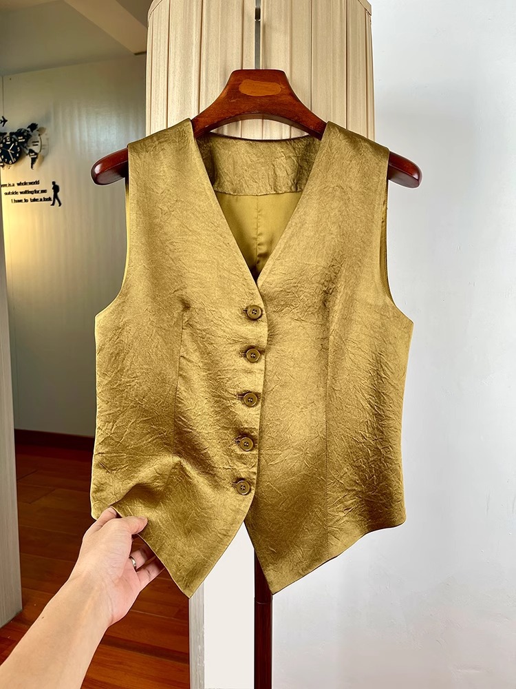 Nuevo chaleco de satén de ácido acético chino para mujer, verano nuevo estilo, temperamento de alta gama, chaleco casual, cuello en v, top sin mangas