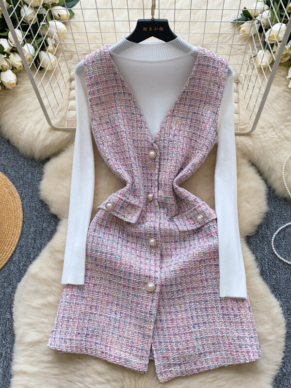 Autumn and Winter Women's Knitted Knitwear Bottoming Two-Piece Set Women's Small Fragrant Style High-End Sleeveless V Neck Tweed Dress