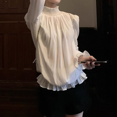 槿一 纯白美学 早秋bi备温柔简约花瓣袖奶白长袖衬衫上衣气质高级