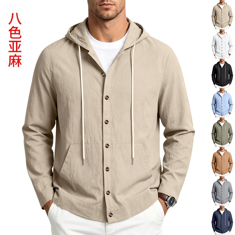 Cross-border European and American style athletic and casual long-sleeved shirts, linen hooded loose-fitting sweatshirts, versatile loose beach T-shirts for men Cross-border European and American style athletic and casual long-sleeved shirts, linen hooded loose-fitting sweatshirts, versatile loose beach T-shirts for men