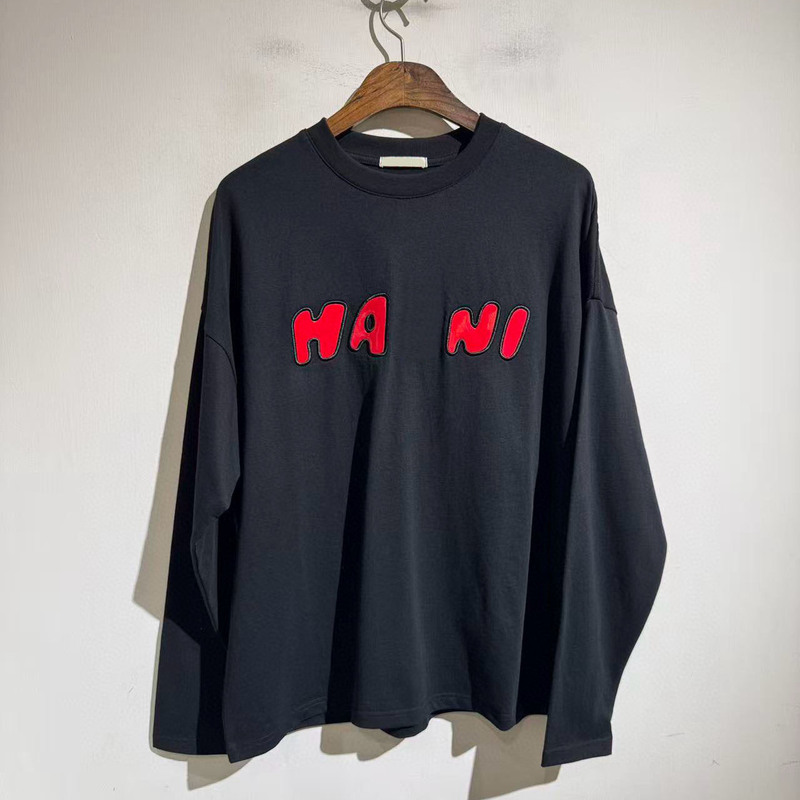 Niche Designer 25Aw Retro Patent Leather Letter Embroidered Round Neck Long-Sleeved T-Shirt Loose Os Bottoming Shirt for Men and Women