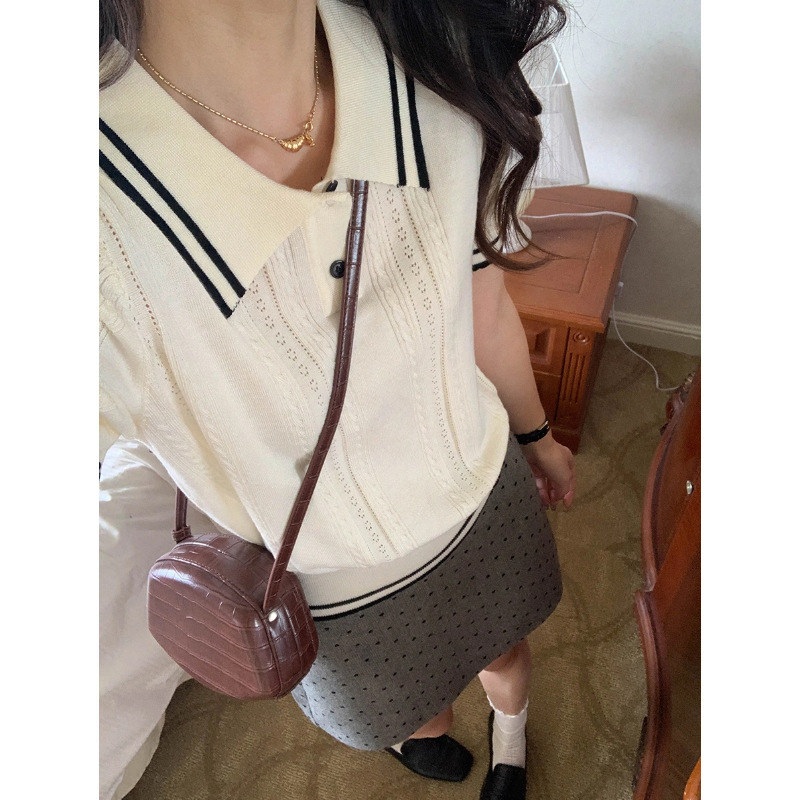 3Th Morning Early Spring New Contrast Color Preppy Style Polo Collar Short-Sleeved Knitwear Zy2629