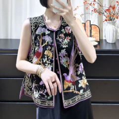 真丝香云纱重工绝美刺绣花鸟马甲2025秋款复古盘扣小众盘扣上衣