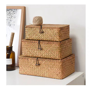 Hand-woven desktop storage basket home supplies with lid organizing storage basket vintage seaweed hotel hand gift box