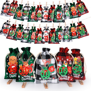 Cross-Border Christmas Advent Calendar Countdown 24 Digital Tag Set Gift Bag Christmas Burlap Drawstring Pocket
