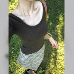 橄榄绿大U领短袖T恤女正肩夏季独特漂亮巨好看的修身显瘦中袖上衣