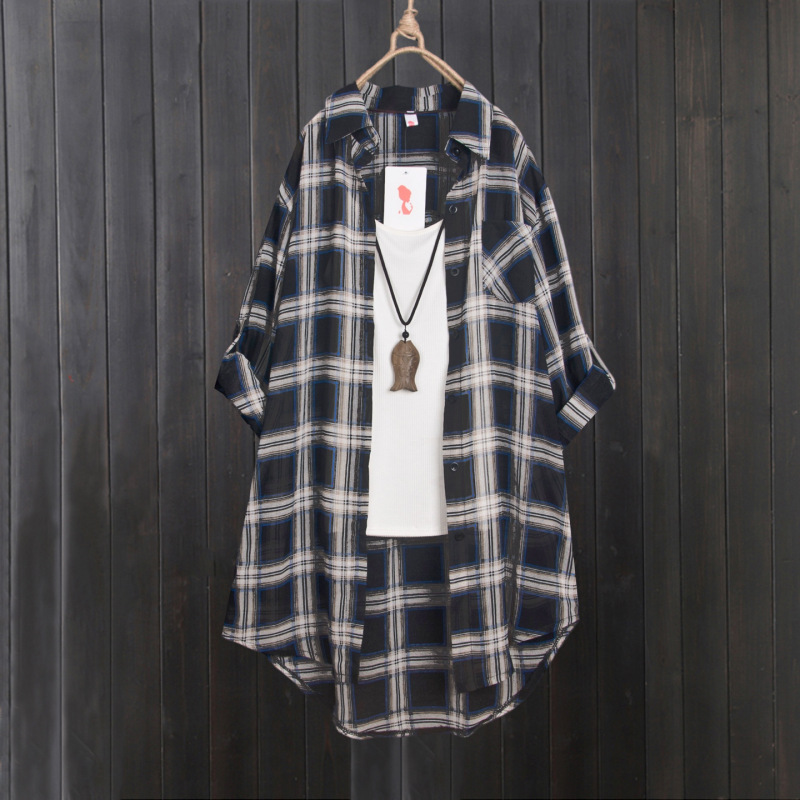 Plaid Sun Protection Shirt for Women, Mid-Length Transparent Top, Thin Air-Conditioning Shirt, Loose Chiffon Shirt, Drapey Sun Protection Shirt Plaid Sun Protection Shirt for Women, Mid-Length Transparent Top, Thin Air-Conditioning Shirt, Loose Chiffon Shirt, Drapey Sun Protection Shirt