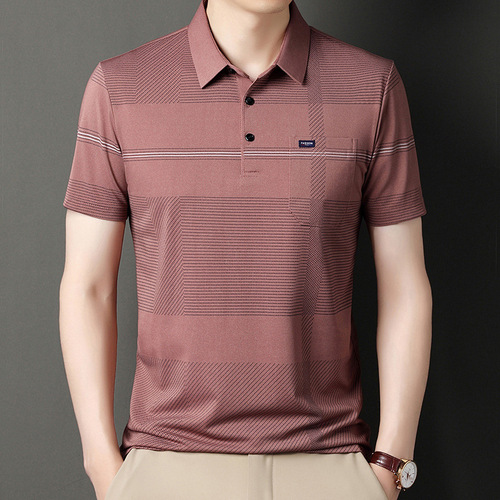 Father's Day Ice Silk T-Shirt Men Short Sleeve Striped True Pocket Polo Collar Loose Middle-Aged Dad Set Summer Wear