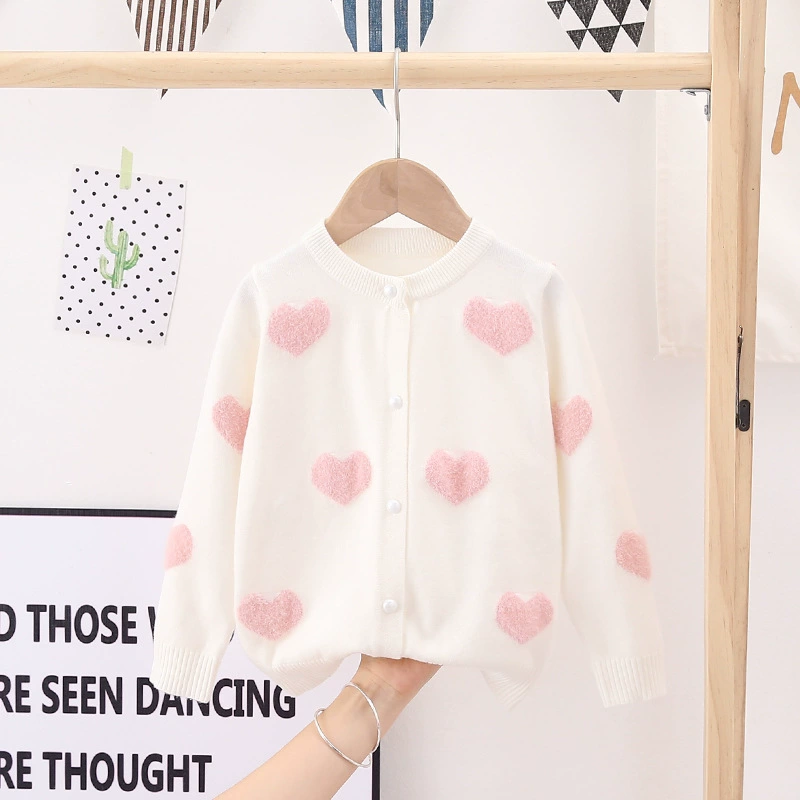 Children's Autumn Cardigan Knit Sweater, Hearts Pattern, Sizes 100–140 cm