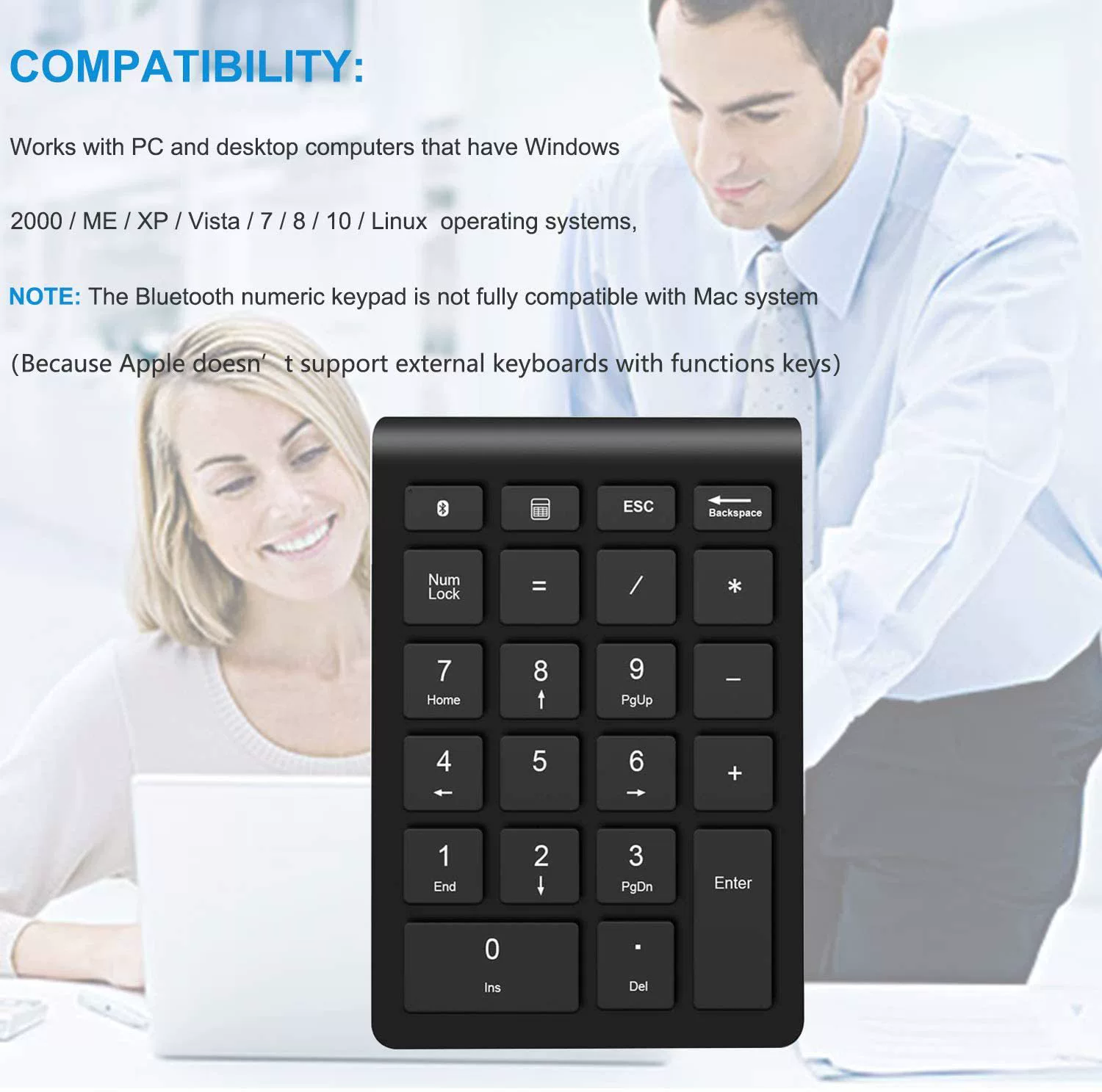 22-key wireless numeric keypad, Bluetooth 5.0 / 2.4G, ABS scissor-switch, battery-powered 2×AAA