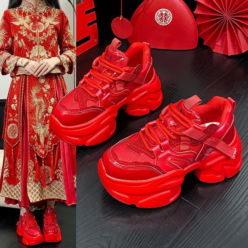 Fashionable High-Quality Chinese Red Thick-Soled Height-Increasing Trendy Bridal Wedding Shoes Versatile Dad Shoes Comfortable Women's Sneakers Fashionable High-Quality Chinese Red Thick-Soled Height-Increasing Trendy Bridal Wedding Shoes Versatile Dad Shoes Comfortable Women's Sneakers