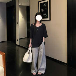 ins网红夏季新款花边拼接条纹直筒休闲裤慵懒阔腿裤百搭宽松长裤