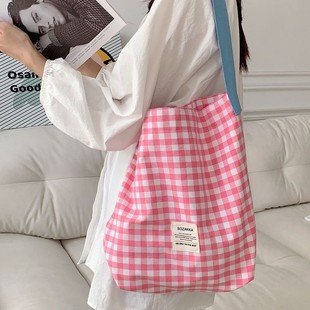 38251 canvas bag for women 2023 new contrast color plaid shoulder bag College student artistic commuter tote bag