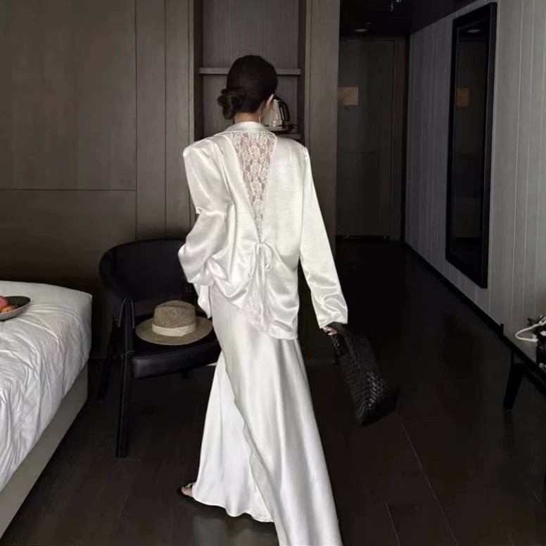 French-style, elegant blazer with lace detailing on the back, featuring an acetate satin fabric and tie-up design, a long-sleeved outerwear piece for women French-style, elegant blazer with lace detailing on the back, featuring an acetate satin fabric and tie-up design, a long-sleeved outerwear piece for women