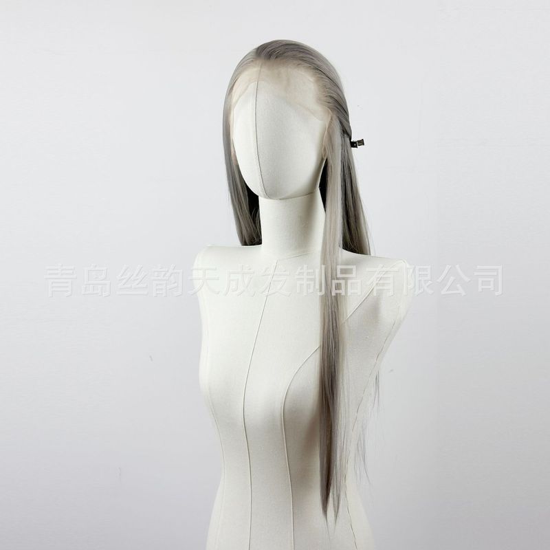 跨境新品13x4大蕾丝假发三尖高层次中长发鲻鱼头银灰色美人尖|undefined