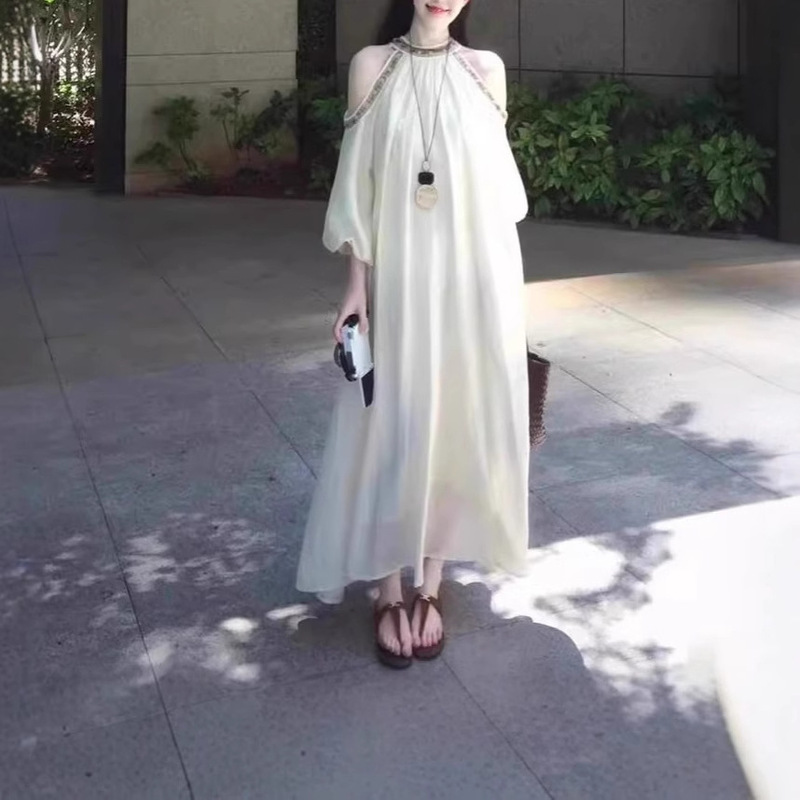 High-End Sequined Halterneck Long Skirt Spring and Summer Large Size Loose Slimming Look Seaside Vacation Atmosphere Dress for Women High-End Sequined Halterneck Long Skirt Spring and Summer Large Size Loose Slimming Look Seaside Vacation Atmosphere Dress for Women