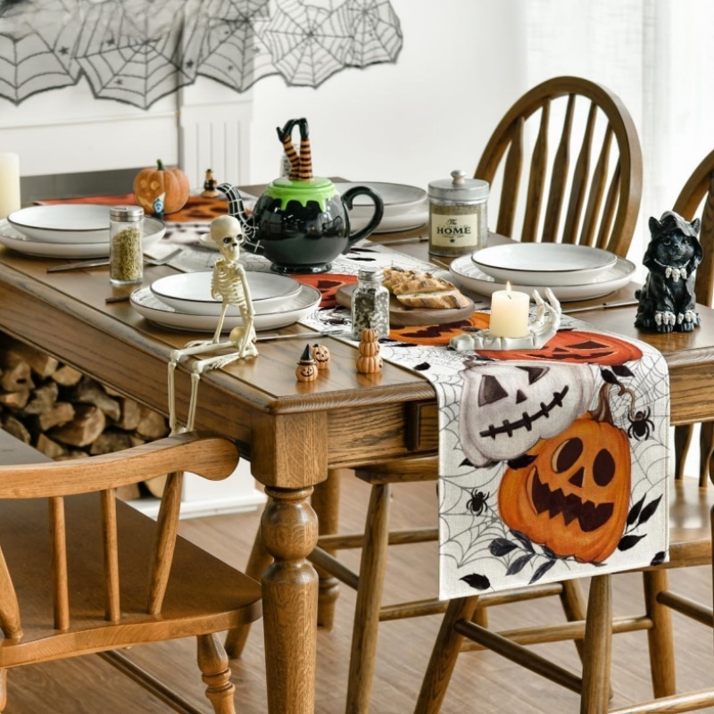 クロスボーダーリネンハロウィンテーブルフラグ漫画カボチャクモの巣テーブルクロスクリエイティブプリントコーヒーテーブルテーブルクロス|undefined