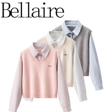 ZA外贸批发欧美风 法式女装 韩系休闲假两件条纹拼接衬衫针织衫女