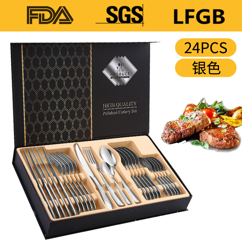 Juego de Cubiertos de Acero Inoxidable de 24 Piezas en Caja de Regalo, Diseño de Estrella y Diamante, Cuatro Piezas Principales, para Hotel, Restaurante, Comida Occidental, Cuchillo, Tenedor, Cuchara