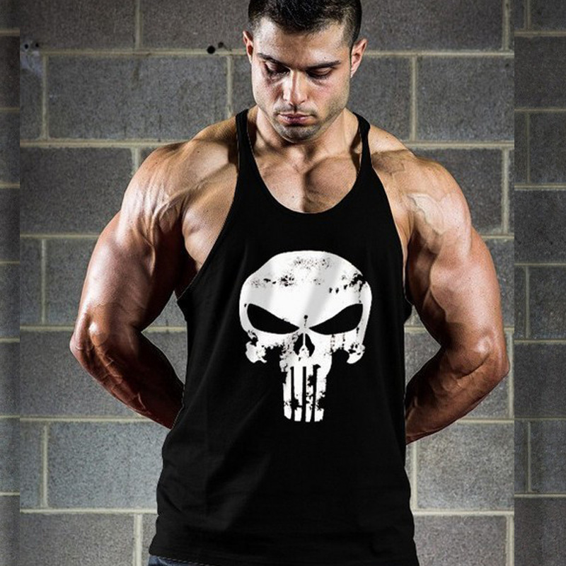 Large Size Men's Vest Bodybuilding Clothing Gym Skull Sports Training Deep Dig Cotton Vest Men's Thin Belt