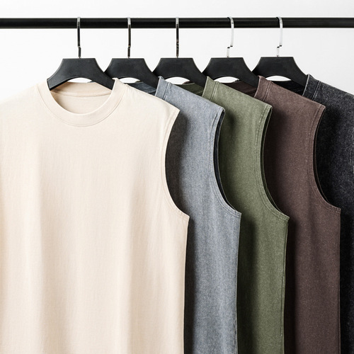 230g pure cotton European and American high street hiphop retro washing old sleeveless vest men casual loose knitted T-shirt