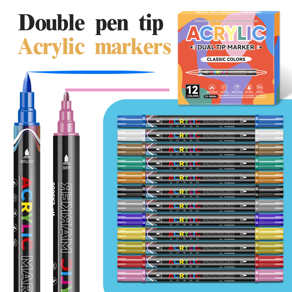 Transfronterizo blando y duro de doble cabeza acrílico marcador de pluma de dibujo especial para artes plásticas plegable color opaco papel marcador