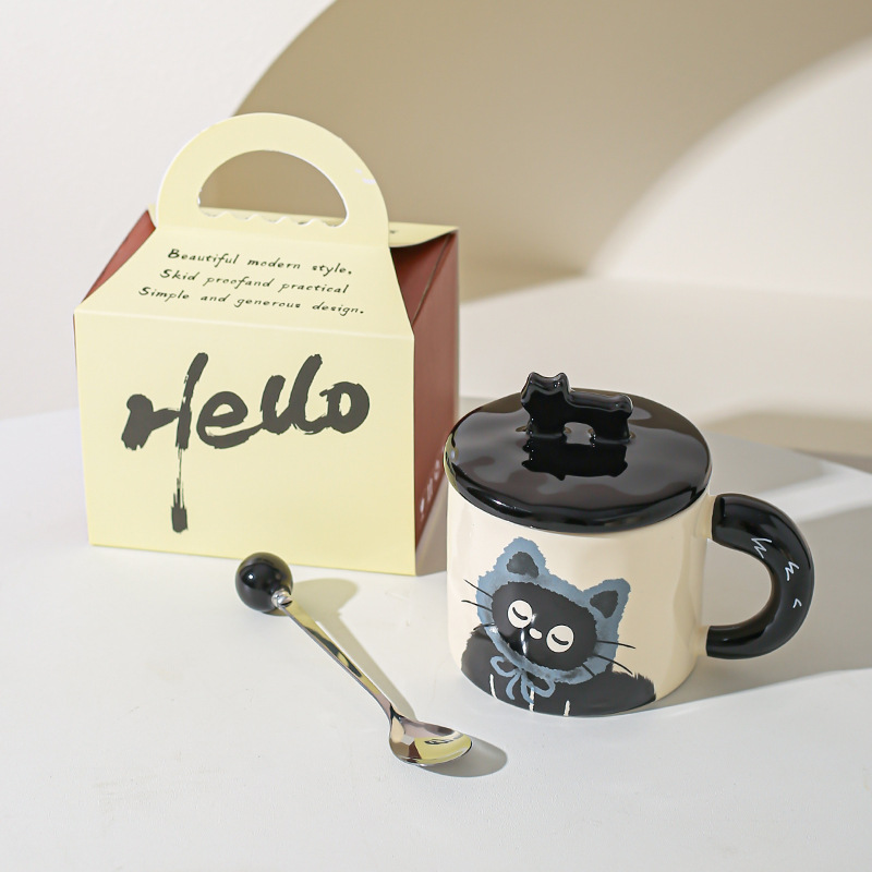 Cute gato gato taza de oficina taza de cerámica con taza de agua cubierta regalo pareja acompañante caja de regalo creativa de cumpleaños