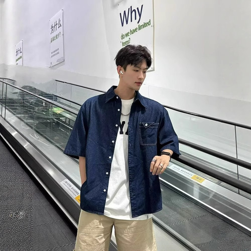 2025 Summer Men's Loose Denim Short Sleeve Shirt Cool Style High-end Casual Shirt Top Men's Fashion Outerwear