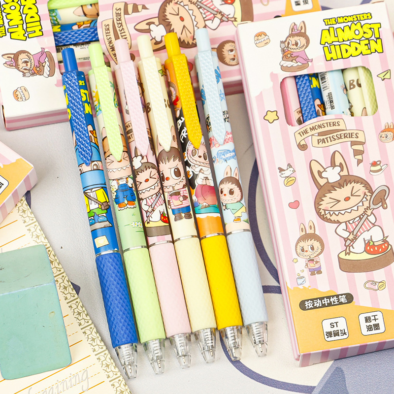 高颜值ラブブプッシュボタンペン漫画風可愛い学生用0.5mm速乾性筆記ペン中性ペン黒ペン|undefined