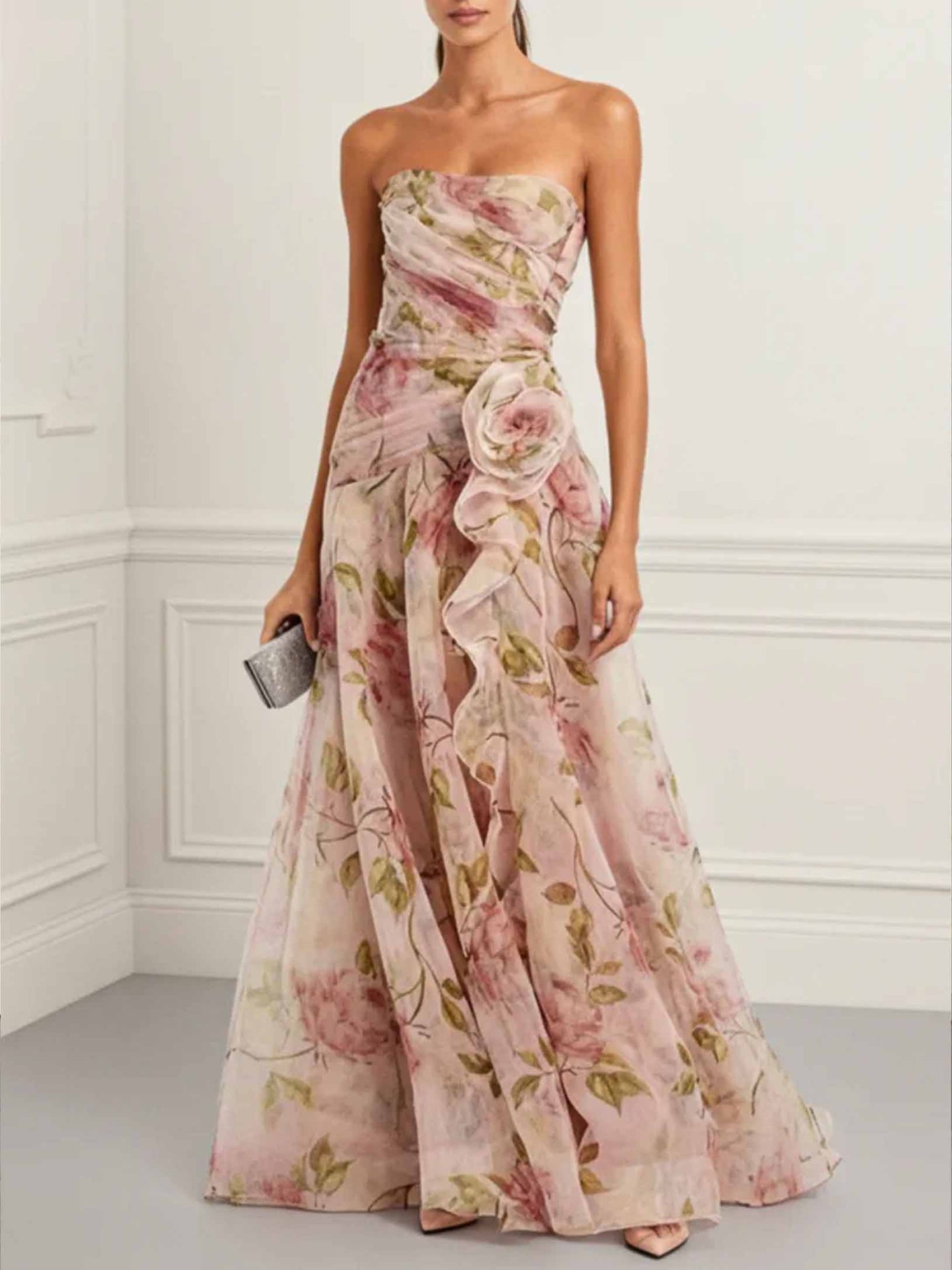 2026 European And American Cross-border Independent Site Party Elegant Ruched Strapless Printed Dress_ecoleips.com