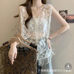 Real Shot ~ plus size Lace Embroidered Vest Vest Women's Sleeveless Summer Hollow Tassel Wearing Shirt Vest
