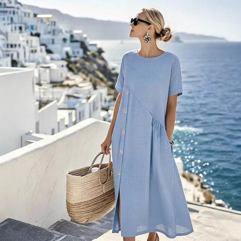 2026 New Style Dress European and American Style Aliexpress Independent Site Casual Button-Decorated Pleated Pocket Mid-Length Dress