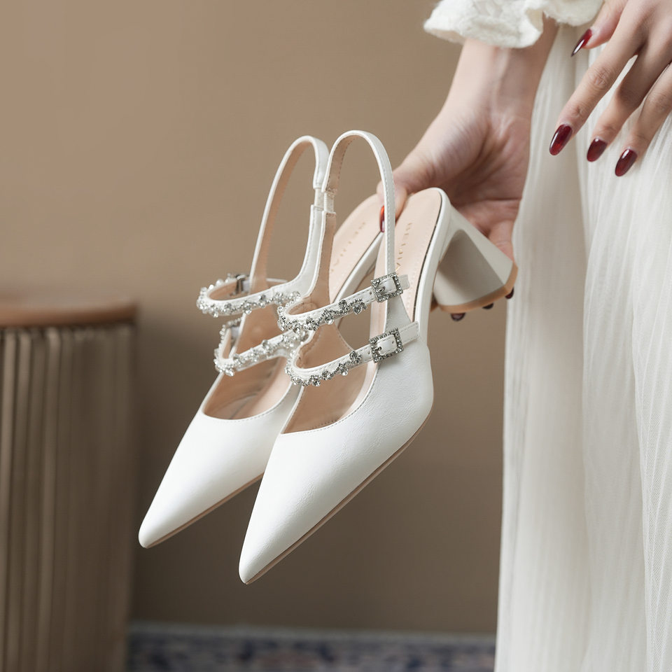 Giày sandal cao gót nữ mũi nhọn gót thô hở gót kiểu Mary Jane đính đá, gót 6–8 cm — Màu bạc, Màu trắng ngà