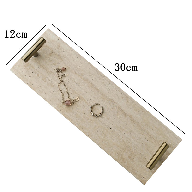 Bandeja de almacenamiento de travertino natural ins de estilo nórdico Disco de decoración del hogar retro de lujo ligero Disco de almacenamiento de mango dorado Escritorio