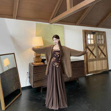 慵懒风中长款毛衣开衫女2025秋冬新款禅意吊带+网纱半身裙三件套