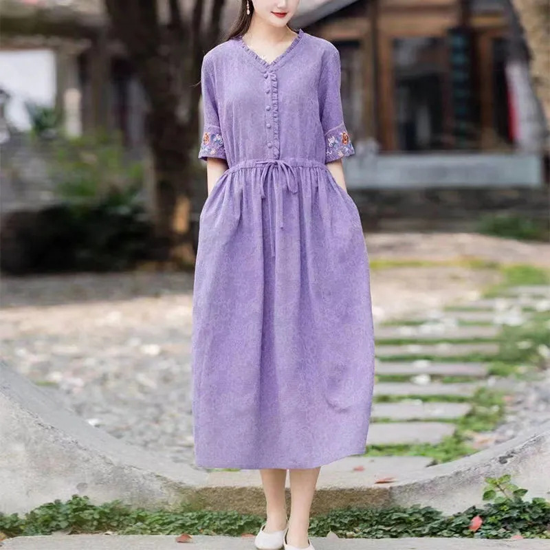 Chinese Style Jacquard Embroidered V Neck Dress for Women 2022 Summer Loose Slimming Look Lace-Up Waist Long Skirt