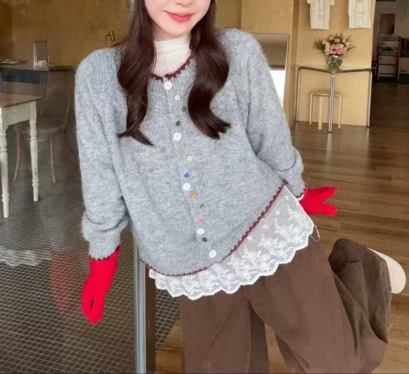 2025秋季新款圆领彩扣针织开衫女装韩版软糯时尚百搭甜美毛衣外套|undefined