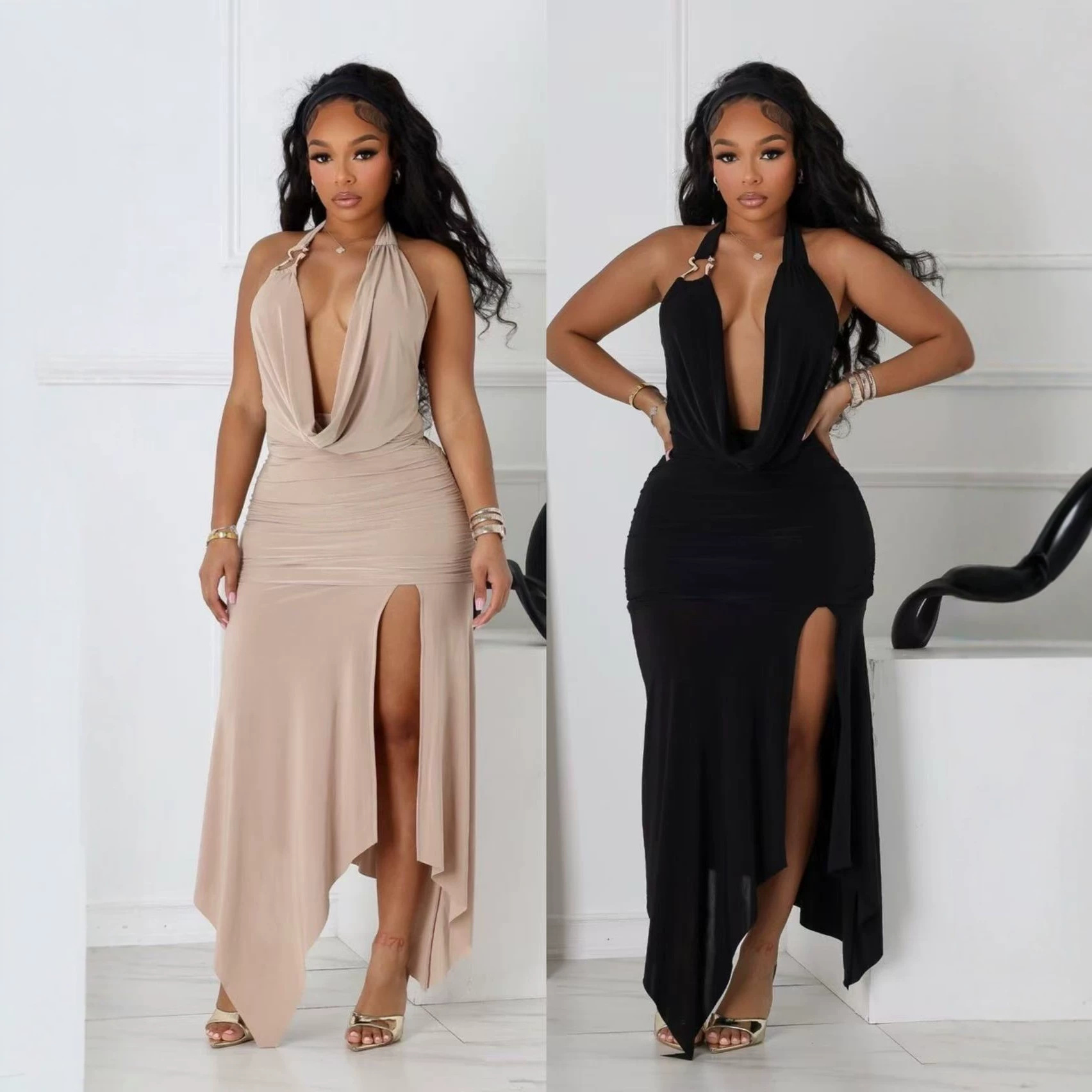 Women's Clothing Sexy Hot Girl Women's Halter Neck V Neck Backless Slit Long Dress Style Fashion Temperament Slim Fit_ecoleips.com