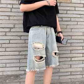 毛边破洞牛仔短裤男夏季薄款休闲乞丐裤高街时尚潮牌宽松五分裤子