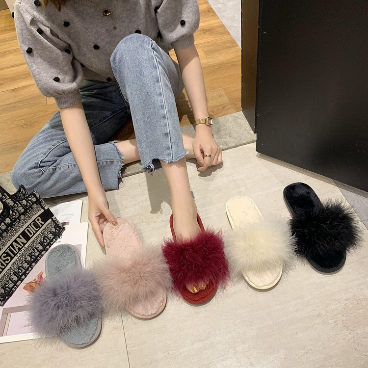 Cross-Border Foreign Trade Amazon Autumn and Winter Simple Classic Turkey Feather Women's Home Cotton Slippers Ready for Sale