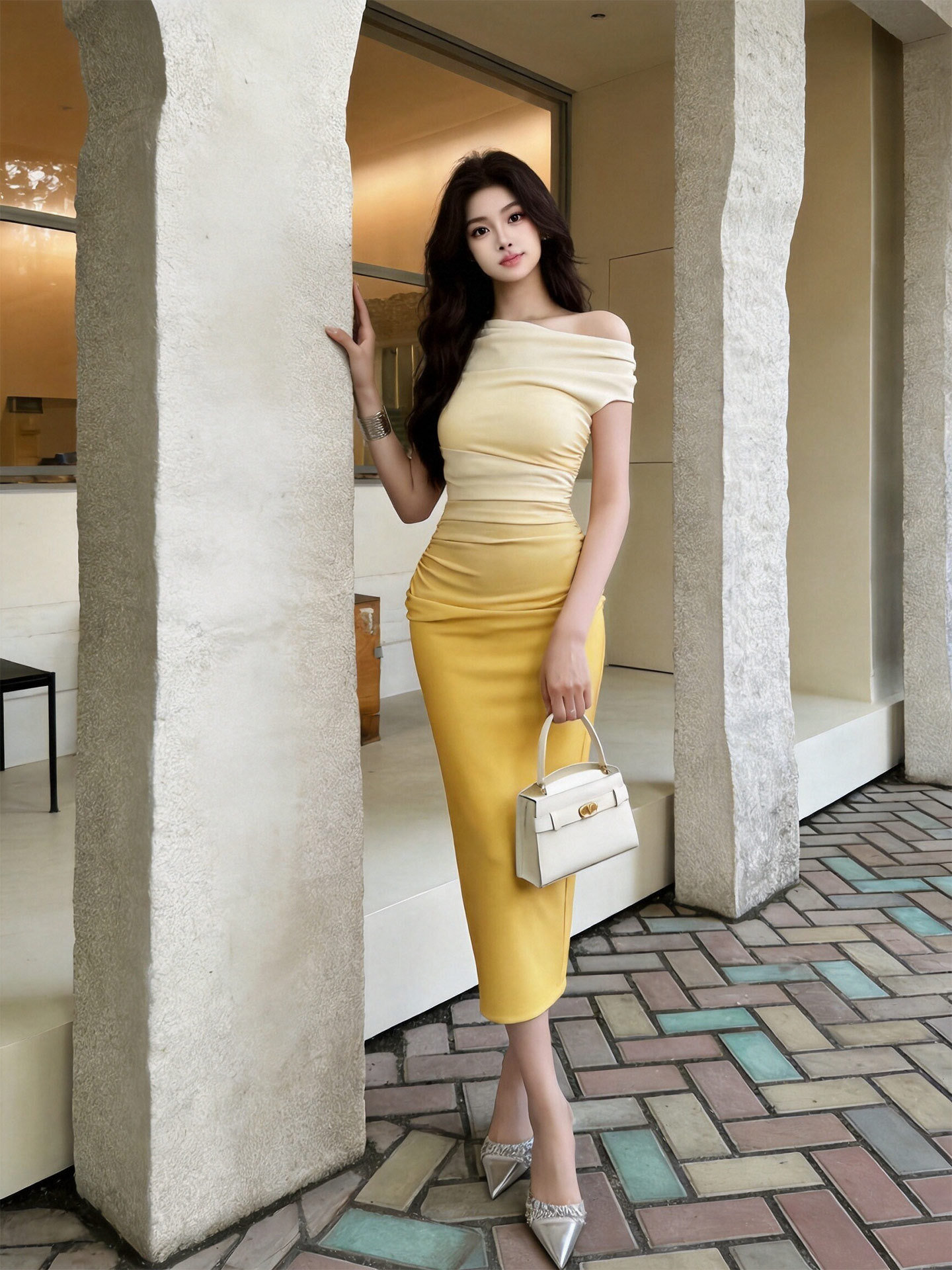Váy đuôi cá cổ chữ nhất tay lệch, thắt lưng xếp ly, dáng ôm body, dài midi — Chanh vàng nhạt